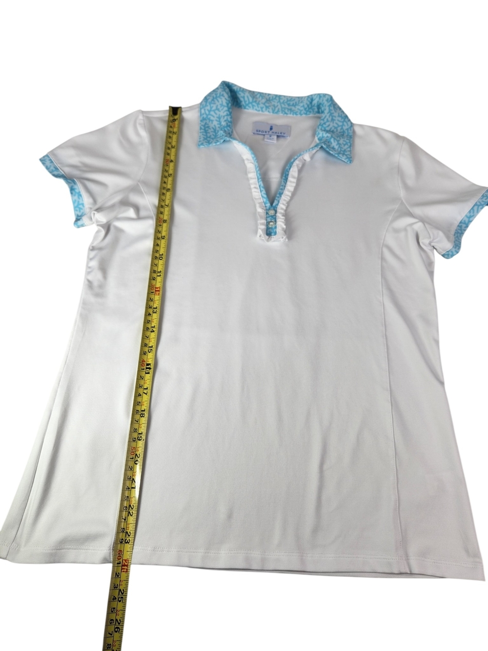 Sport Haley Golf Polo Shirt Womens Medium White Aqua Coral Trim Ruffle Stretch - Picture 12 of 12